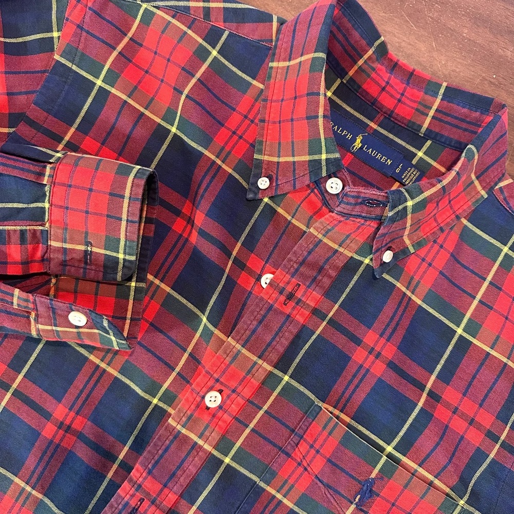 Polo Ralph Lauren Shirt VTG OCBD Pocket Pony Red Tartan Plaid Button Down Mens L
